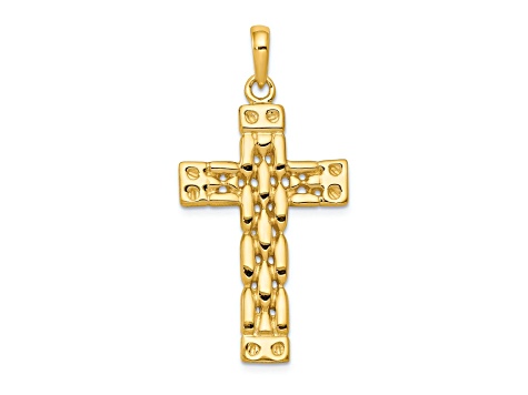 14k Yellow Gold Polished and Textured Panther Link Style Cross Pendant