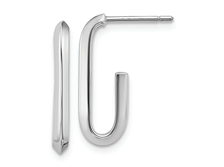 Rhodium Over 14k White Gold 3/4 inch Polished Knife Edge Oval J-Hoop Earrings