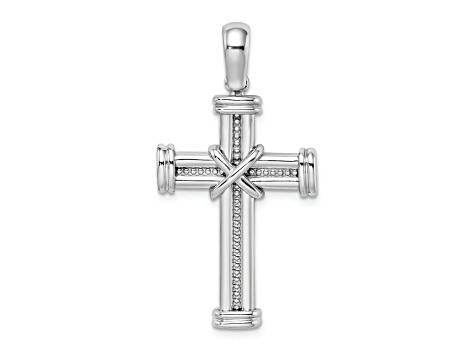 Rhodium Over 14K White Gold with X In Center Of Cross Charm Pendant