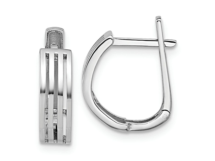 Rhodium Over 14k White Gold 5/8 inch Polished and Grooved Hinged Hoop Earrings