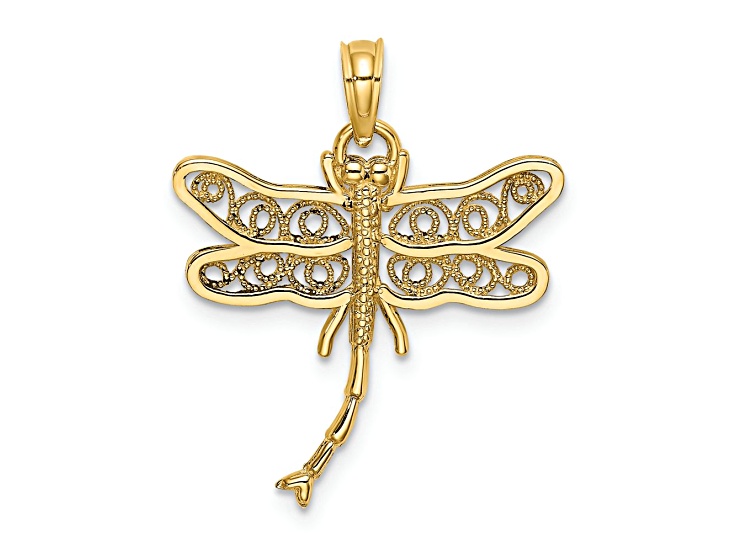 14k Yellow Gold Dragonfly with Beaded Filigree Textured Wings Charm
