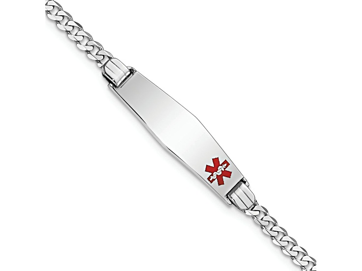 Rhodium Over 14k White Gold Medical Soft Diamond Shape Red Enamel Flat Curb Link ID Bracelet
