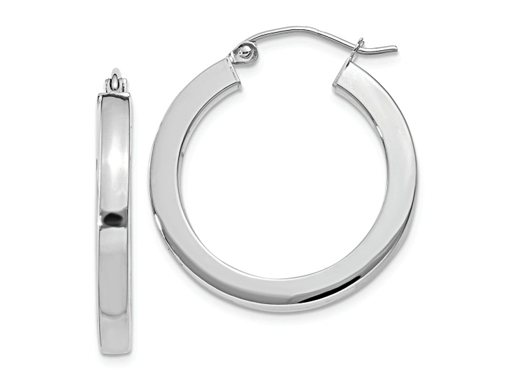 Rhodium Over 10k White Gold Polished 1 1/16" Square Tube Hoop Earrings