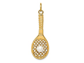 14k Yellow Gold Textured Tennis Racquet with Freshwater Pearl Charm