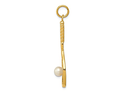 14k Yellow Gold Textured Tennis Racquet with Freshwater Pearl Charm