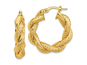 14K Yellow Gold 1" Polished and Textured Twisted Hoop Earrings