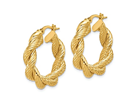 14K Yellow Gold 1" Polished and Textured Twisted Hoop Earrings