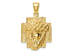14K Yellow Gold Polished Large Jesus Head with Crown Pendant