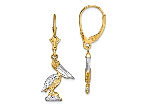 14K Two-tone Gold Textured 3D Standing Pelican Dangle Earrings