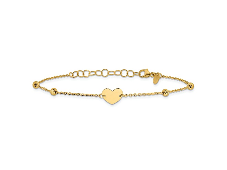 14K Yellow Gold Polished and Diamond-cut Heart and Beads Plus 1 Inch Extension Bracelet