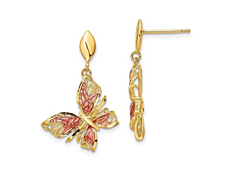 14K Yellow Gold Polished Diamond-cut Pink Enamel Butterfly Post Dangle Earrings