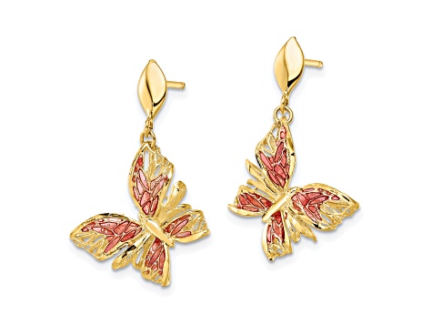 14K Yellow Gold Polished Diamond-cut Pink Enamel Butterfly Post Dangle Earrings