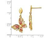 14K Yellow Gold Polished Diamond-cut Pink Enamel Butterfly Post Dangle Earrings