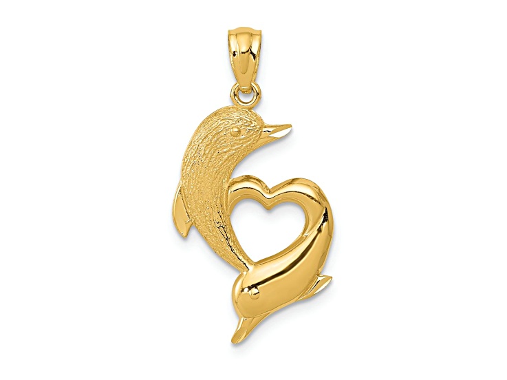 14k Yellow Gold Diamond-Cut Satin and Polished Dolphins Heart Pendant