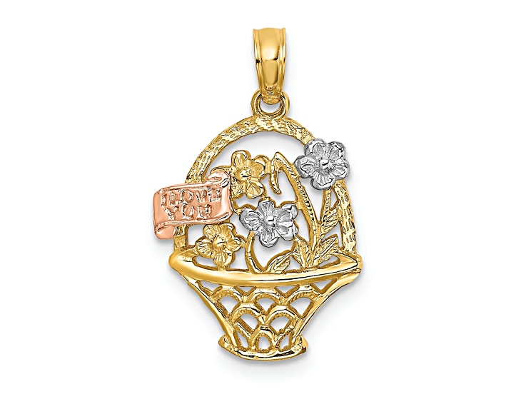 14k Tri-color Gold Flower Basket with I LOVE YOU Charm