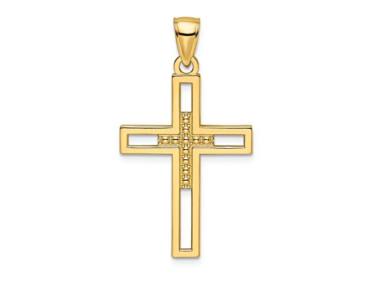 14k Yellow Gold Beaded Textured and Polished Double Cross Pendant