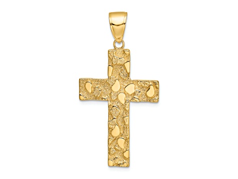 14K Yellow Gold Polished and Textured Nugget Style Cross Pendant