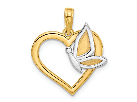 14k Yellow Gold and Rhodium Over 14k Yellow Gold Brushed, Textured Fancy Heart and Butterfly Charm