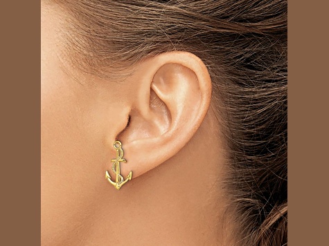 14k Yellow Gold Polished Textured Anchor with Rope Stud Earrings
