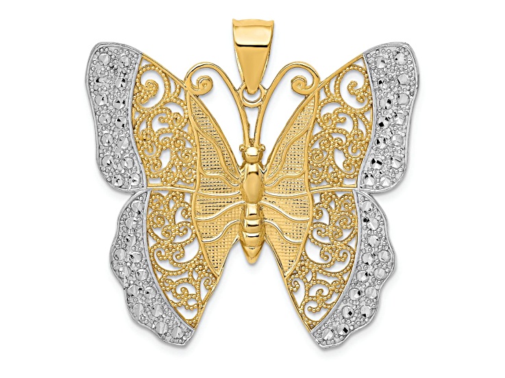 14k Yellow Gold and Rhodium Over 14k Yellow Gold Polished Diamond-Cut Filigree Butterfly Pendant