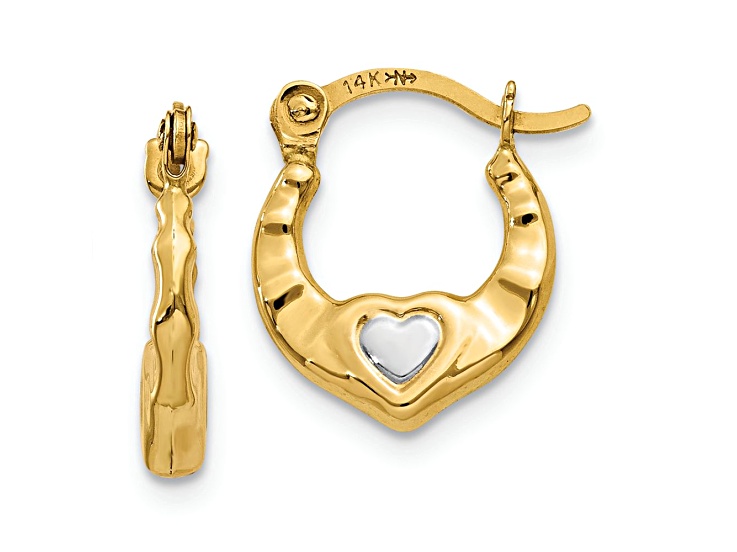 14k Yellow Gold and Rhodium Over 14k Yellow Gold 1/2" Heart Hoop Earrings