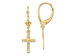 10k Yellow Gold Textured Heart In Cross Dangle Earrings