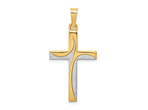 Rhodium Over 14K Two-tone Gold Satin and Polished Latin Cross Pendant