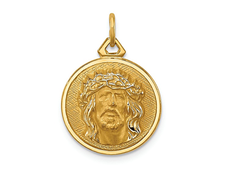 14k Yellow Gold Polished and Satin Small Round Jesus Medal Pendant