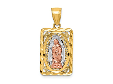 14k Yellow and Rose Gold with Rhodium Over 14k Yellow Gold Diamond-Cut Lady of Guadalupe Pendant