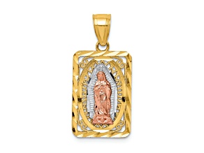 14k Yellow and Rose Gold with Rhodium Over 14k Yellow Gold Diamond-Cut Lady of Guadalupe Pendant