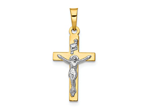 14K Yellow Gold with White Rhodium Polished INRI Crucifix Pendant