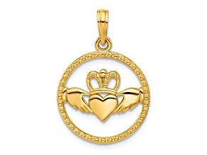 14k Yellow Gold Polished and Textured Circle Claddagh Pendant