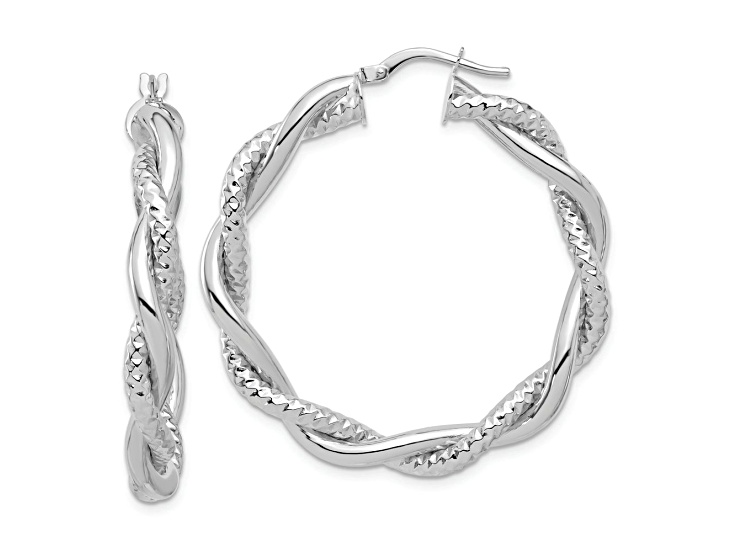 Rhodium Over 14k White Gold 1 9/16 inch Polished and Textured Twisted Round Hoop Earrings