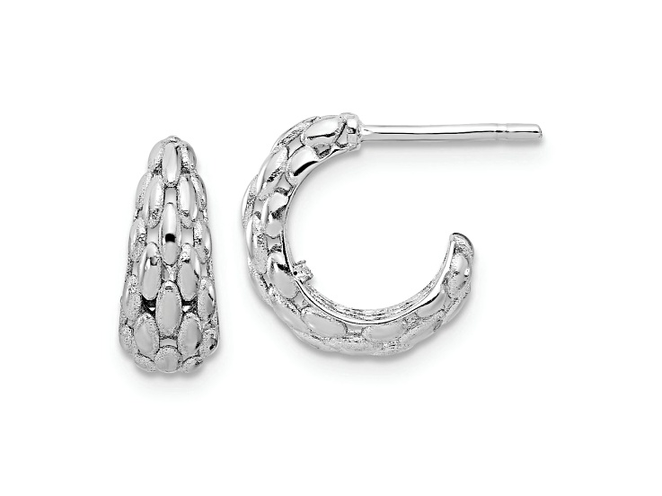 Rhodium Over 14k White Gold 1/2 inch Satin and Textured J-Hoop Earrings