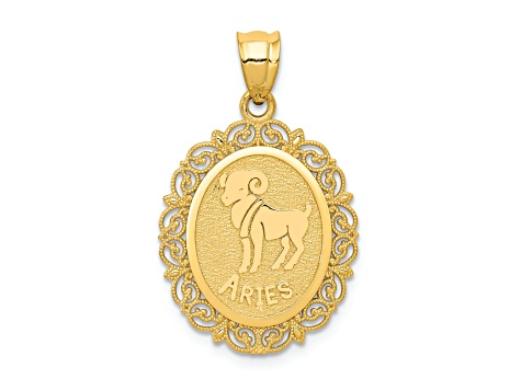 14k Yellow Gold Solid Satin, Polished and Textured Aries Zodiac Oval Pendant