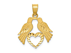 14K Yellow Gold Polished Diamond-cut Love Birds with Heart Pendant