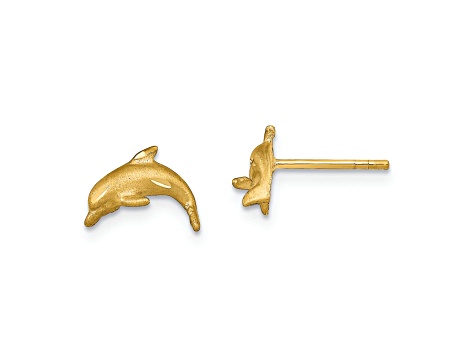 14k Yellow Gold Satin and Diamond-Cut Dolphin Stud Earrings