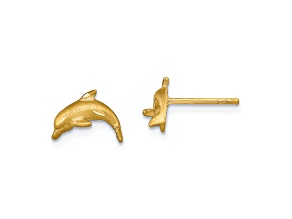 14k Yellow Gold Satin and Diamond-Cut Dolphin Stud Earrings