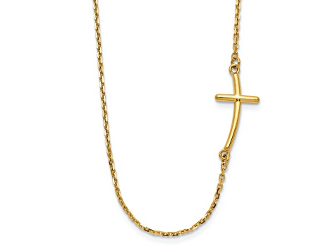 14K Yellow Gold Small Sideways Curved Cross Necklace