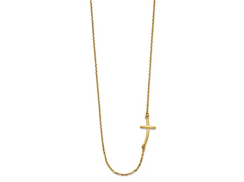 14K Yellow Gold Small Sideways Curved Cross Necklace
