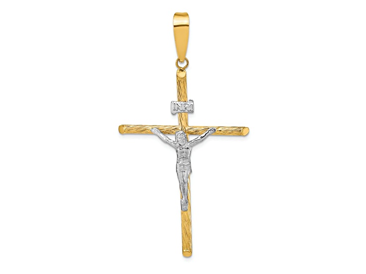 14K Two-tone Gold Polished and Textured INRI Crucifix Cross Pendant