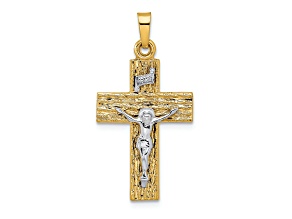 14k Yellow Gold and 14k White Gold Polished Wood Textured Solid INRI Crucifix Pendant