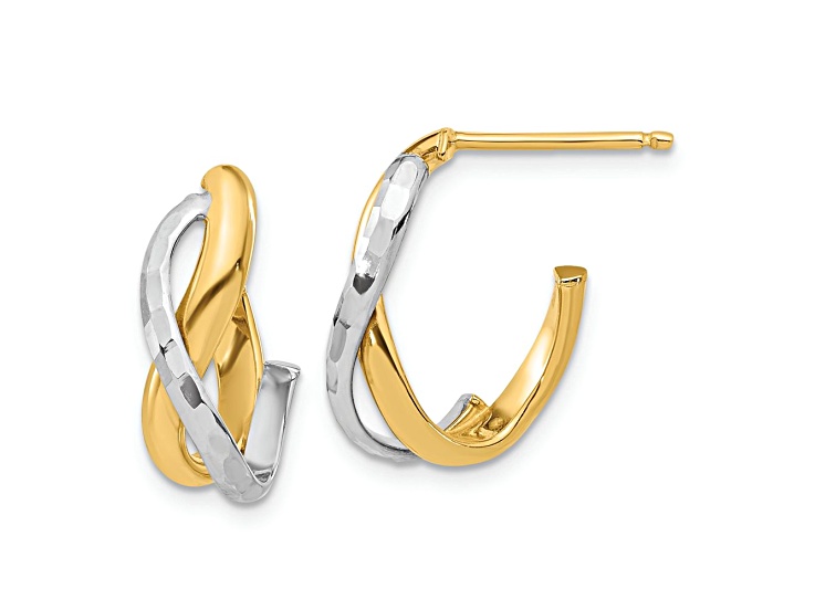 14K Two-tone Gold 11/16 inch Polished and Diamond-Cut J-Hoop Earrings