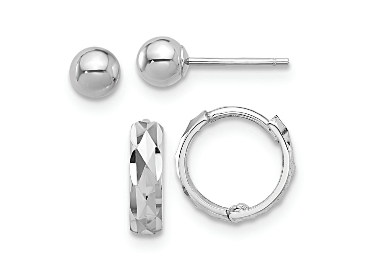 Rhodium Over 14K White Gold Polished 4mm Ball Stud and 3/8" Diamond-Cut Hinged Hoop Earring Set