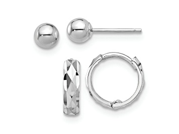 Picture of Rhodium Over 14K White Gold Polished 4mm Ball Stud and 3/8" Diamond-Cut Hinged Hoop Earring Set
