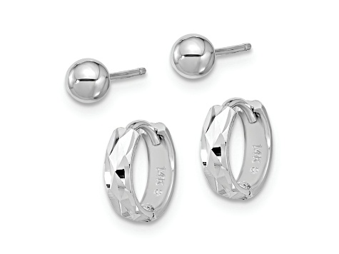 Rhodium Over 14K White Gold Polished 4mm Ball Stud and 3/8" Diamond-Cut Hinged Hoop Earring Set