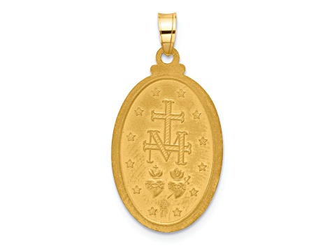14k Yellow Gold Satin and Polished Miraculous Medal Oval Solid Pendant