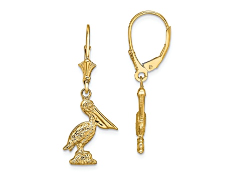 14k Yellow Gold 3D and Textured Pelican Standing Dangle Earrings