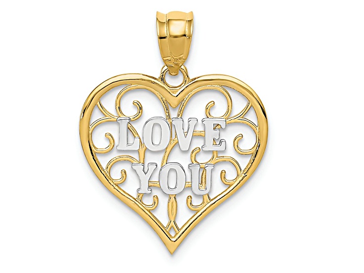 14k Two-tone Gold Polished Filigree Love You Pendant