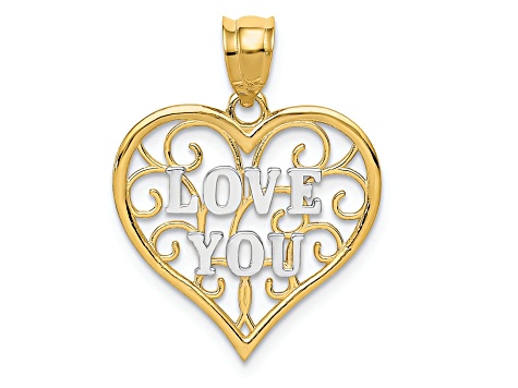 14k Two-tone Gold Polished Filigree Love You Pendant